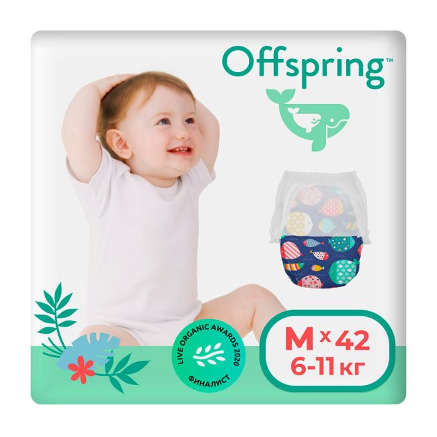 Трусики-подгузники Offspring Рыбки размер М 6-11 кг 42 шт