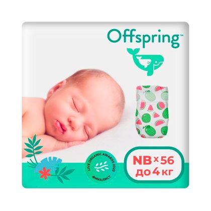 Offspring подгузники, NB 2-4 кг, 56 шт, расцветка Арбуз