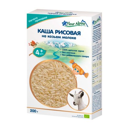 Флёр Альпин - каша на козьем молоке Органик рисовая. 4 мес.. 200/6